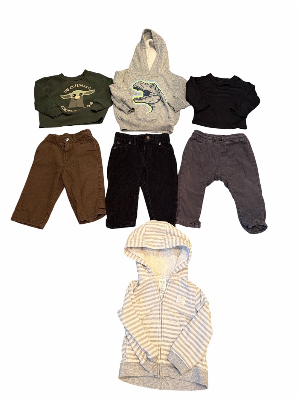 12M Fall & Winter Baby Boy Bundle 🍂 Dinosaurs, Grogu, Cozy Layers (7 Pieces)